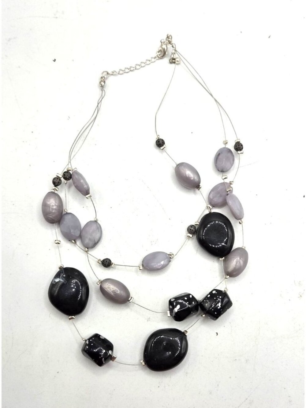 Multi-Strand Beaded Necklace In Black & Gray With Adjustable Chain